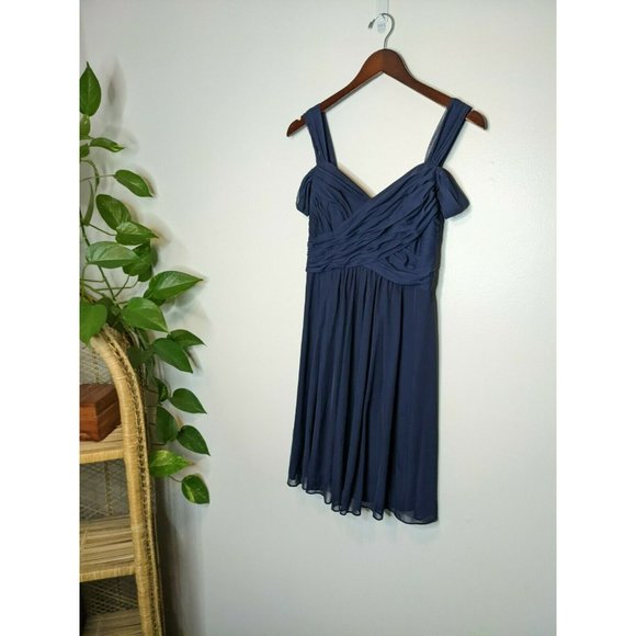 David's Bridal A-Line V-neck Short Chiffon Bridesmaid Dress Ruffle Navy Blue - Picture 1 of 8